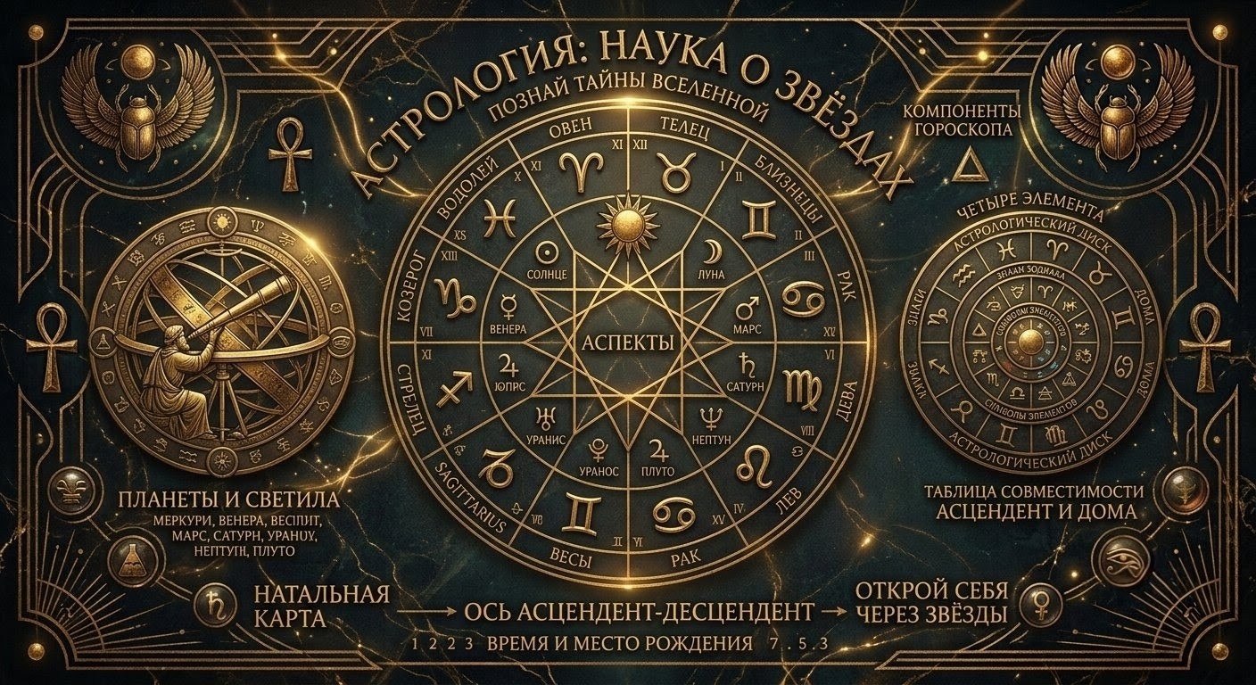 Натальная карта — схема зодиакального круга с планетами и аспектами